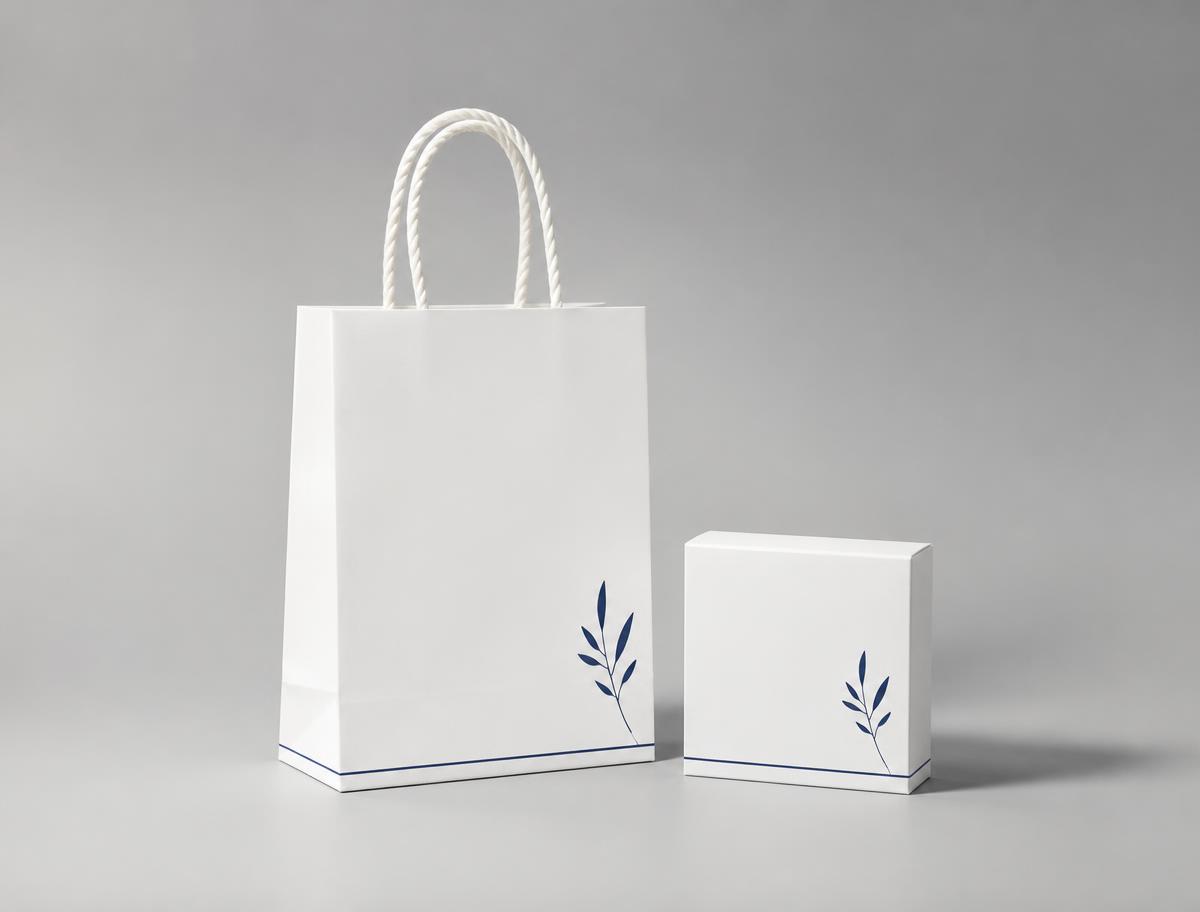 Printed paper carrier bag with matching box produced by Khunrut Printing